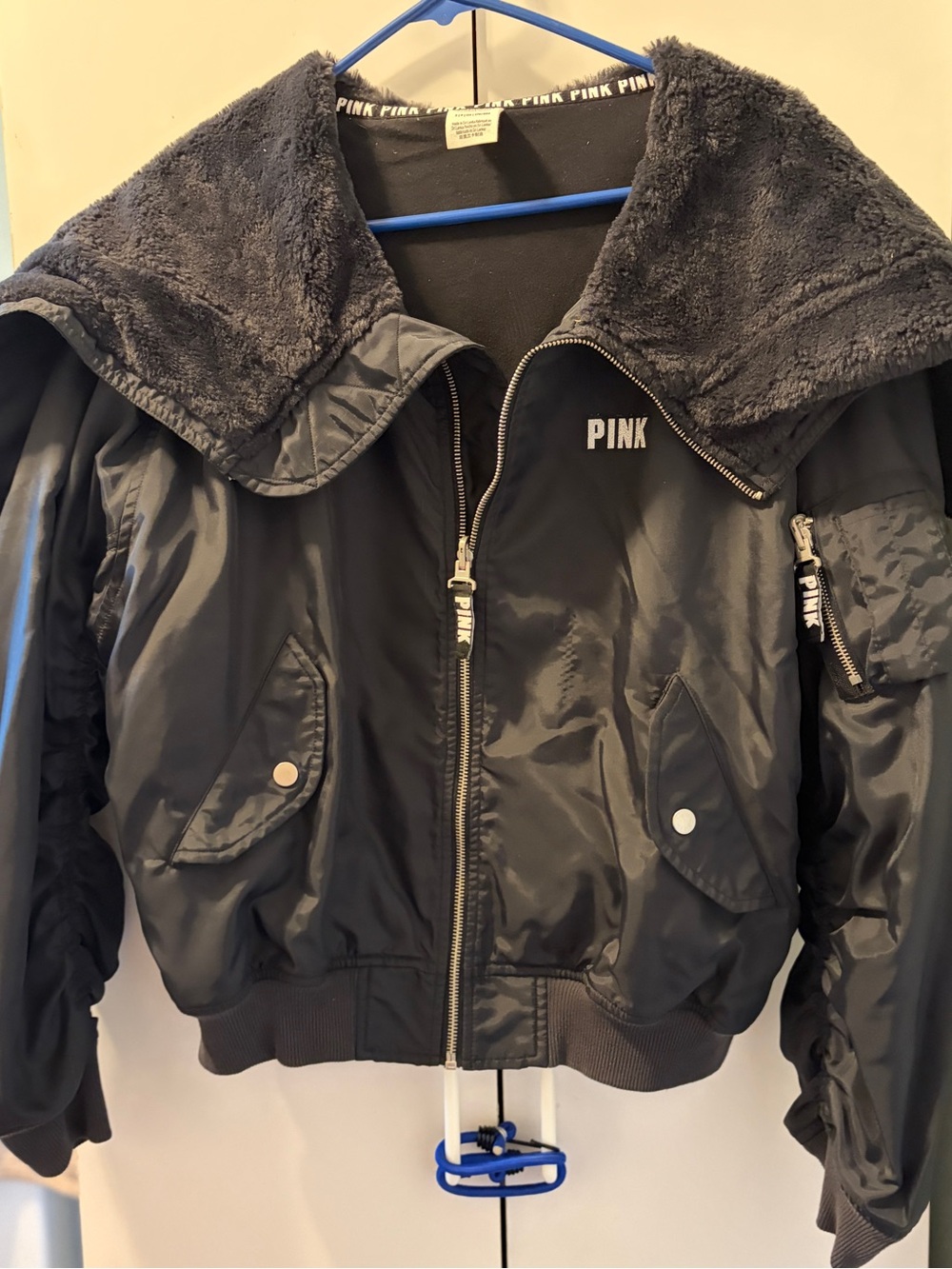 PINK Victoria's Secret Black Bomber Jacket with Faux-Sherpa Collar